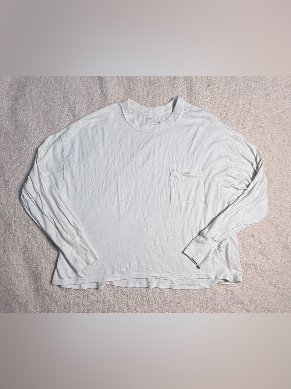 Aerie Happy Snit Pocket T-Shirt Oversized Cream Long-Sleeve Pocket Tee Sz large - Picture 2 of 7